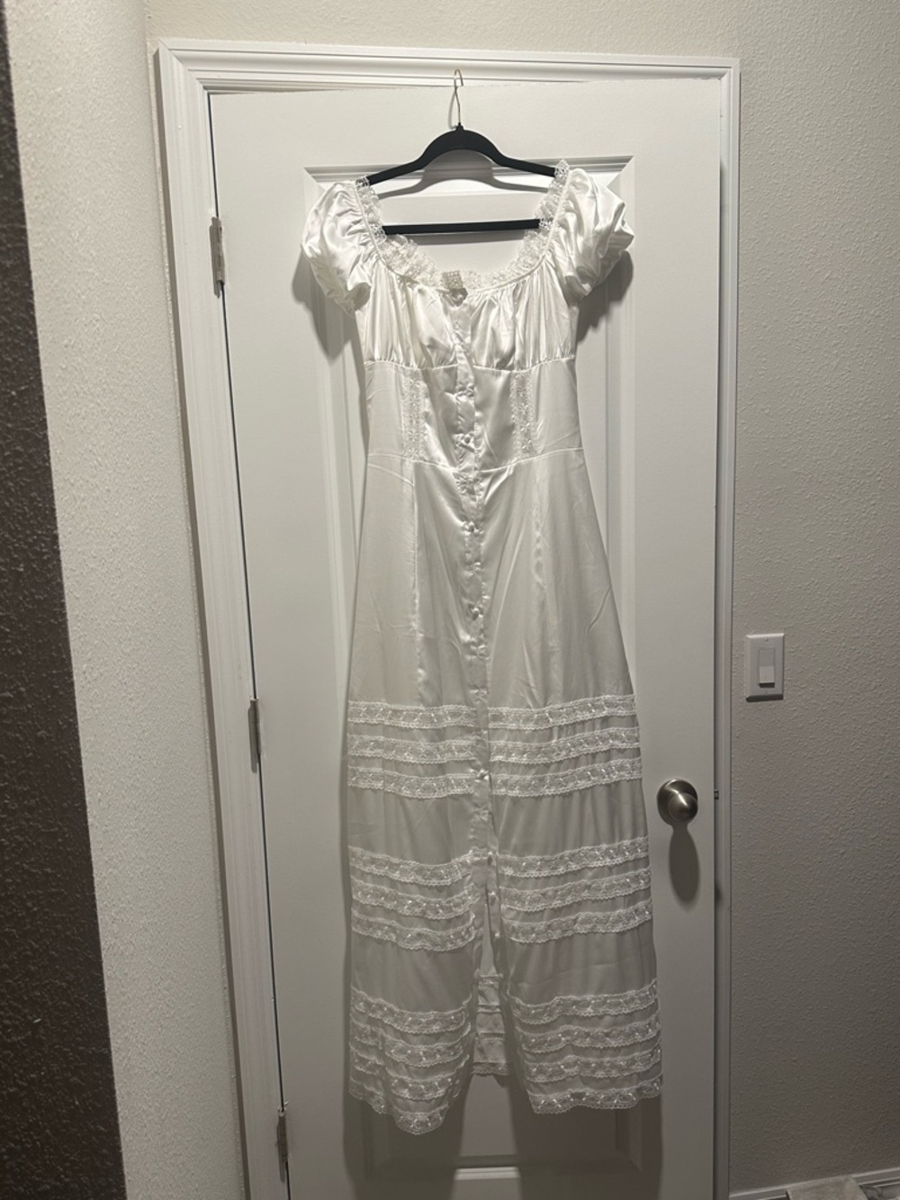 White Lace Trim Satin Dress